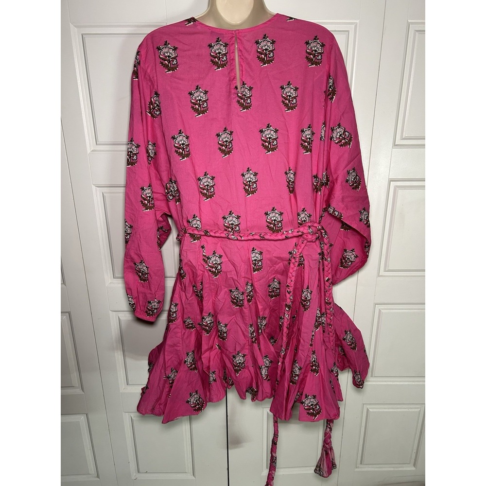 RHODE Ella Dress Pink Floral Block Print Braided Belt Mini Long Sleeve Cotton L - Picture 6 of 11